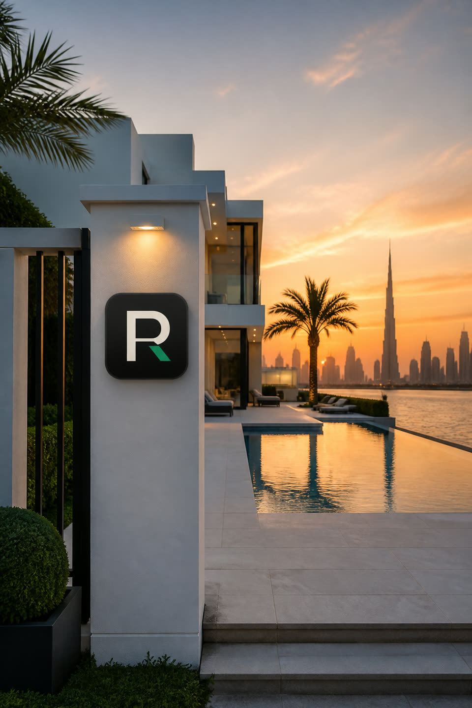 UAE waterfront villa at sunset